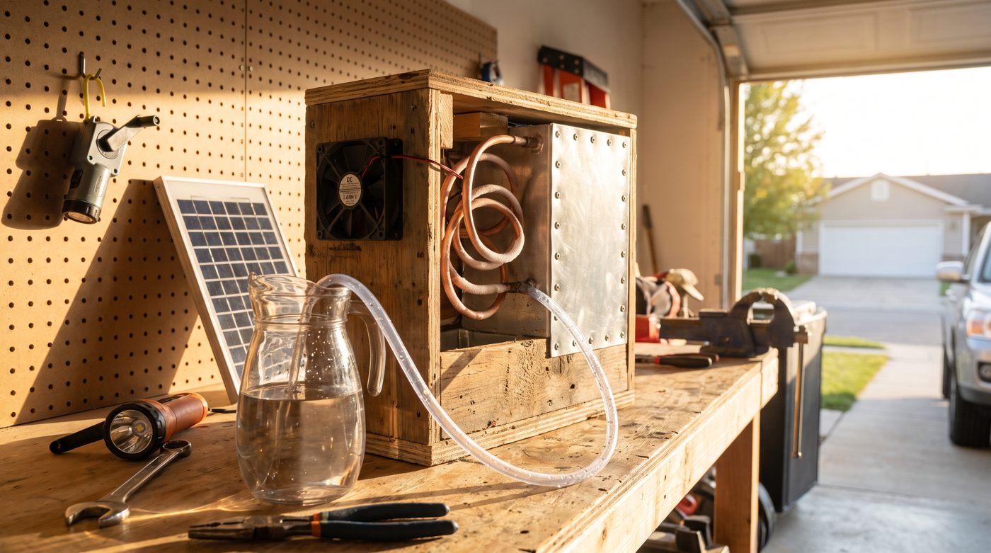 A homemade water-from-air unit on a garage workbench