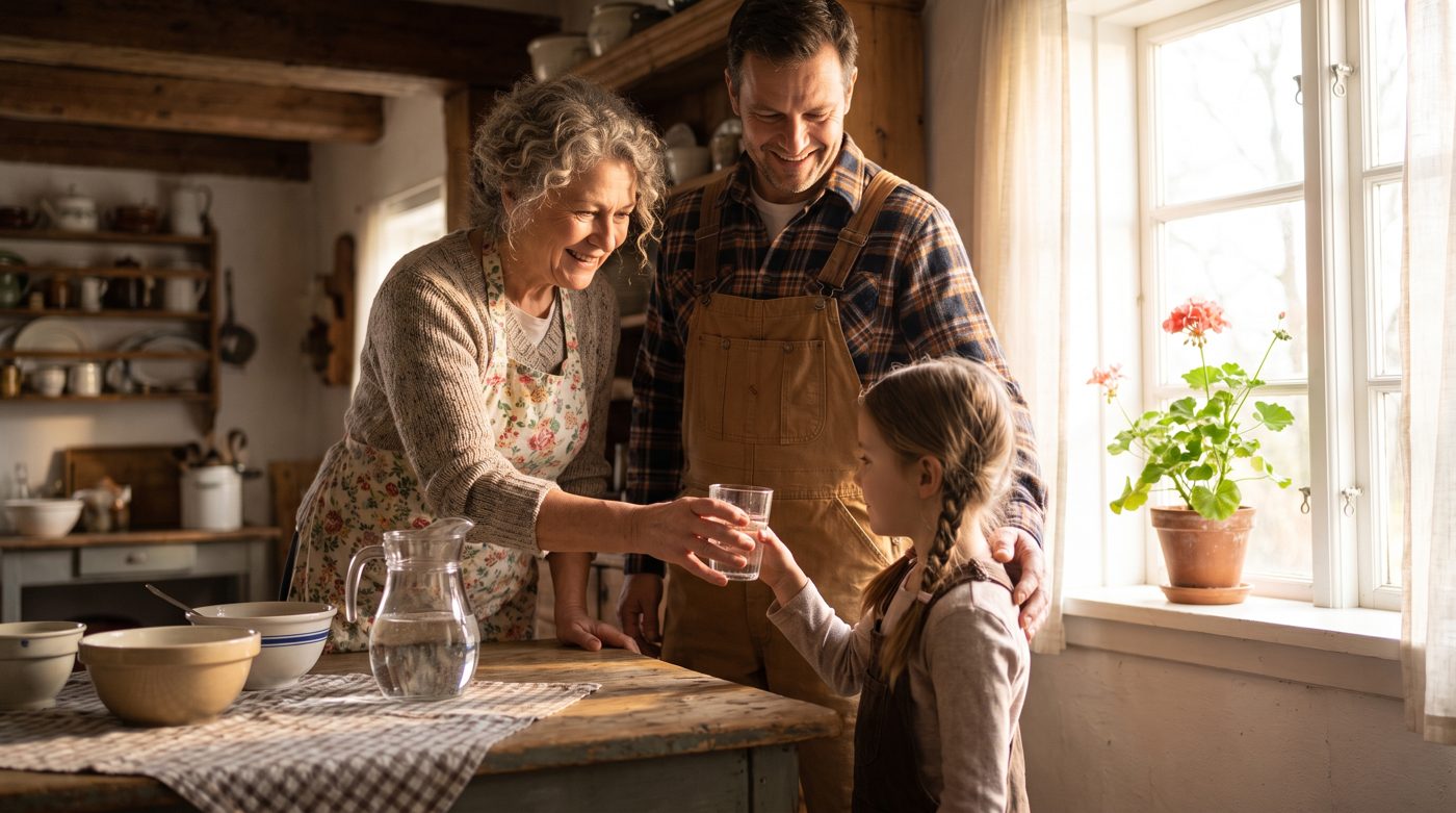 A family filling a glass of clean water in a farmhouse kitchen